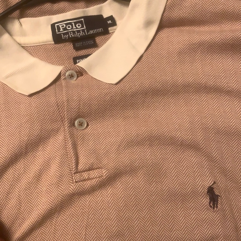 Men’s khaki and cream herringbone polo